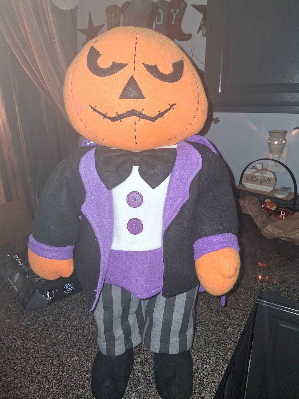 Plush Pumpkin Jack Holiday Figurine in Orange & Purple